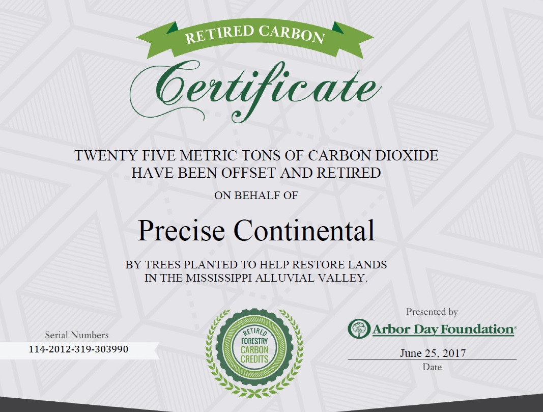 Press Release: Precise Continental Receives Retired Carbon Certificate